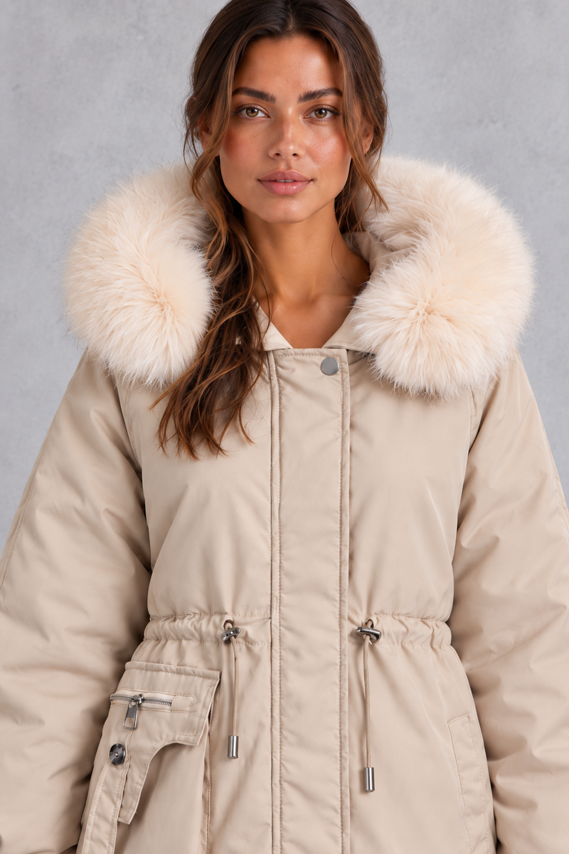 Women’s hooded parka coat with soft faux fur trim, an adjustable drawstring waist, long sleeves and a longer curved hem.