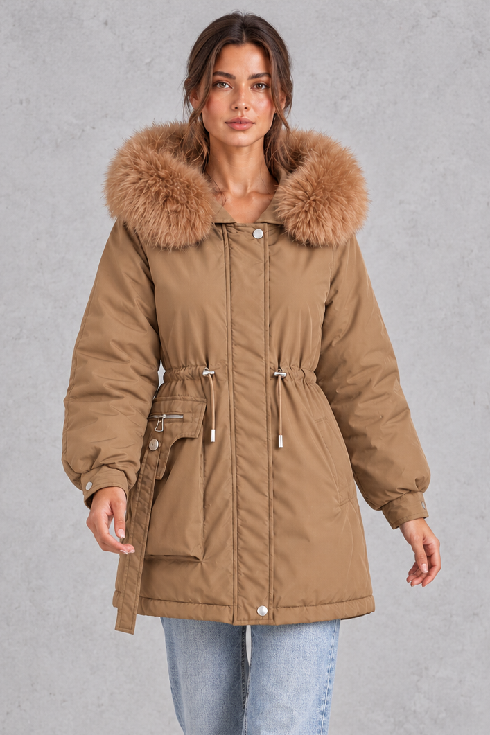 Women’s hooded parka coat with soft faux fur trim, an adjustable drawstring waist, long sleeves and a longer curved hem.