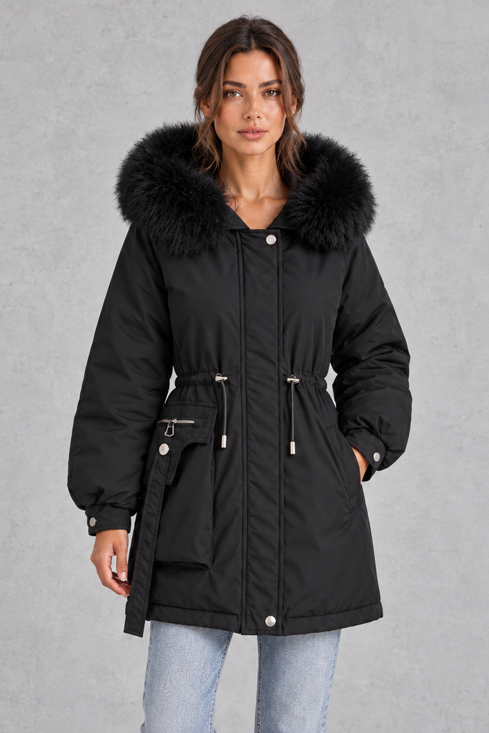 Women’s hooded parka coat with soft faux fur trim, an adjustable drawstring waist, long sleeves and a longer curved hem.