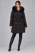 Women’s padded puffer parka with a plush faux fur-trimmed hood, adjustable drawstring waist, long sleeves and practical front pockets.