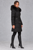 Women’s padded puffer parka with a plush faux fur-trimmed hood, adjustable drawstring waist, long sleeves and practical front pockets.