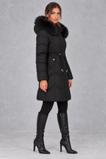 Women’s padded puffer parka with a plush faux fur-trimmed hood, adjustable drawstring waist, long sleeves and practical front pockets.