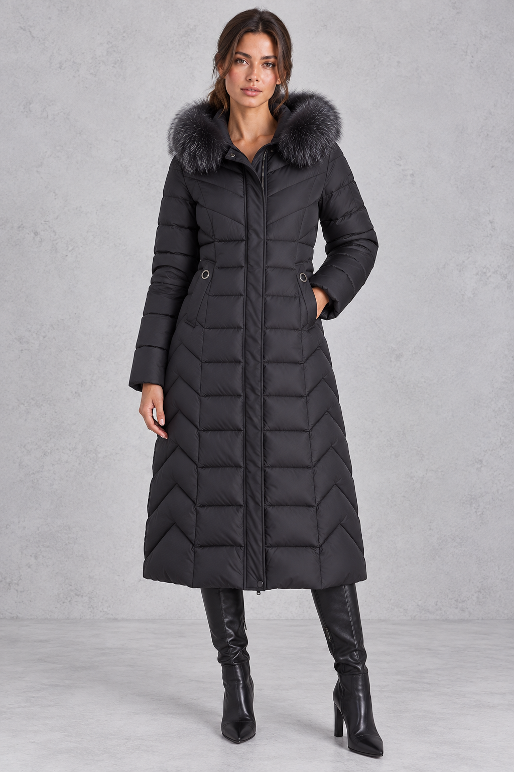 Women’s longline puffer coat with a plush faux fur-trimmed hood, chevron quilting, padded sleeves and a gently defined waist.