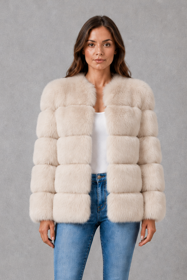 Women’s plush faux fur jacket with an elegant statement collar, relaxed silhouette and soft textured finish for autumn and winter styling.