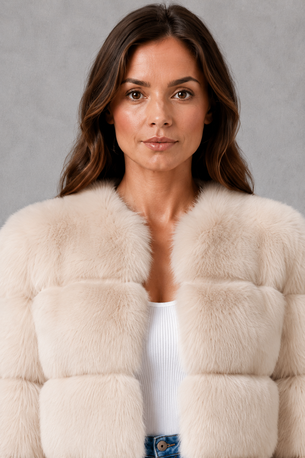 Women’s plush faux fur jacket with an elegant statement collar, relaxed silhouette and soft textured finish for autumn and winter styling.