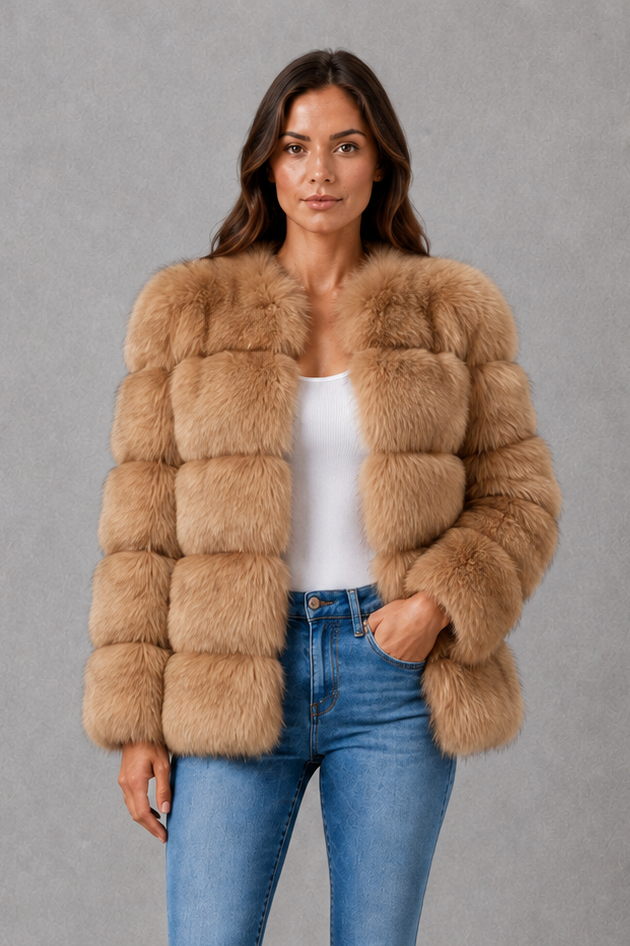 Women’s plush faux fur jacket with an elegant statement collar, relaxed silhouette and soft textured finish for autumn and winter styling.