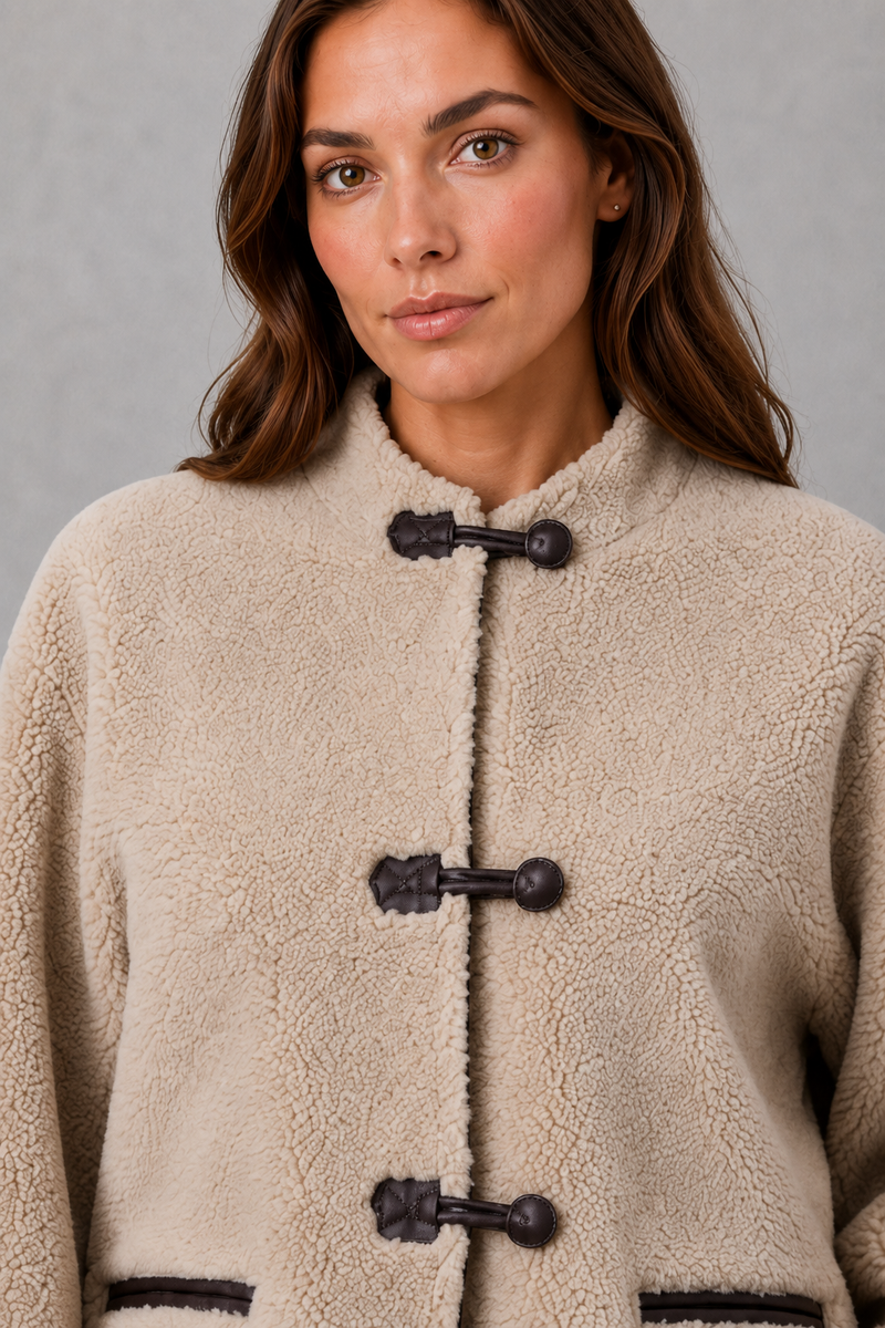Women’s oversized faux fur toggle jacket with contrast trim, front pockets and a warm textured finish
