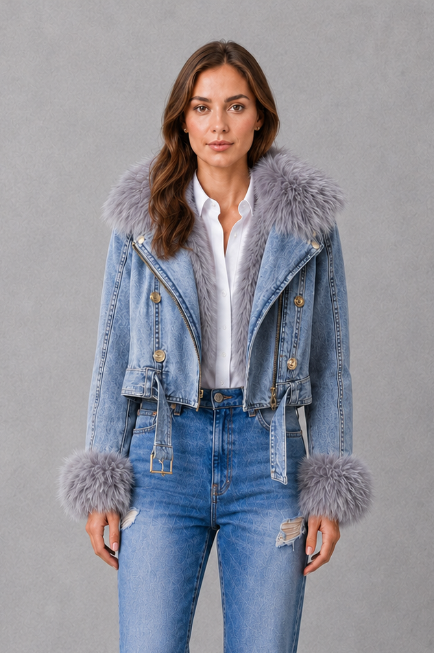 Women’s faux fur zip jacket with plush detailing, a soft collared neckline and sleek front zip fastening for elegant winter styling.