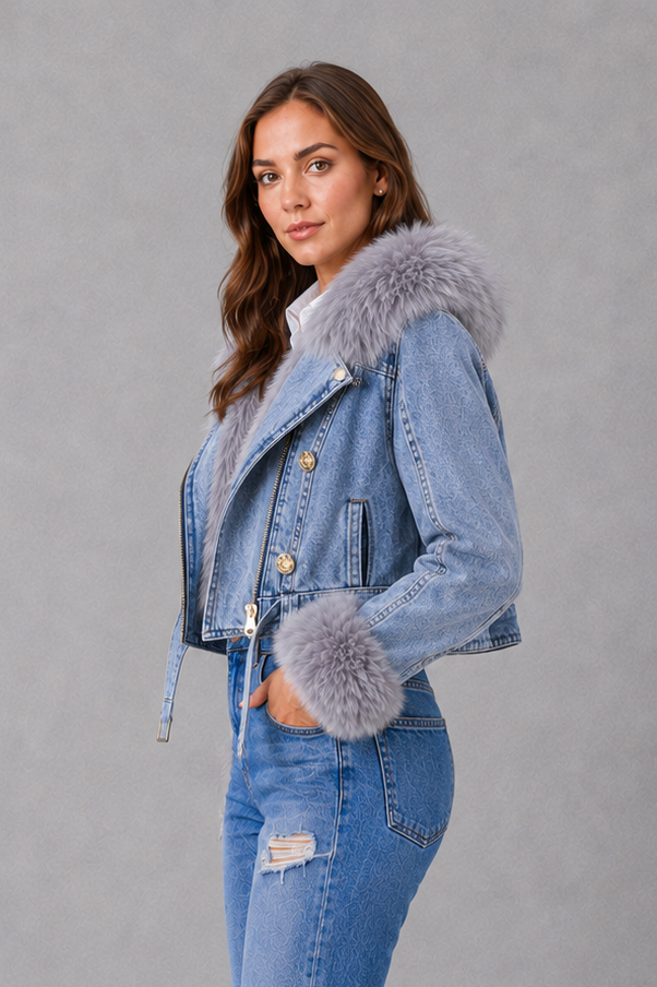 Women’s faux fur zip jacket with plush detailing, a soft collared neckline and sleek front zip fastening for elegant winter styling.