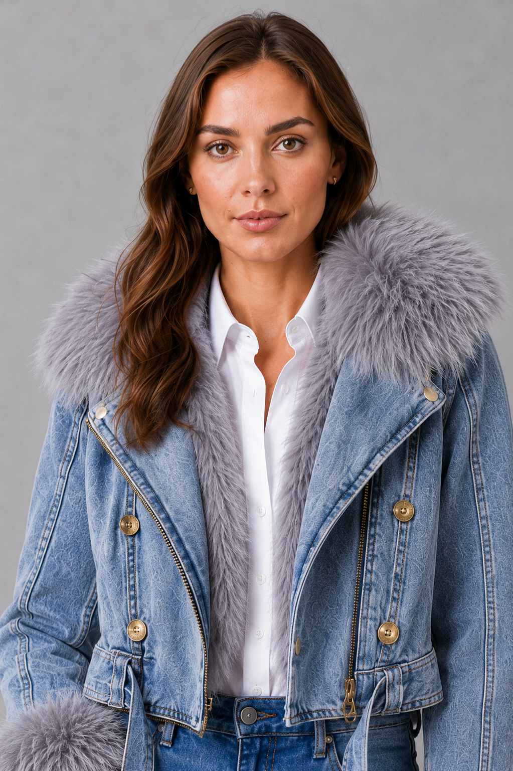 Women’s faux fur zip jacket with plush detailing, a soft collared neckline and sleek front zip fastening for elegant winter styling.