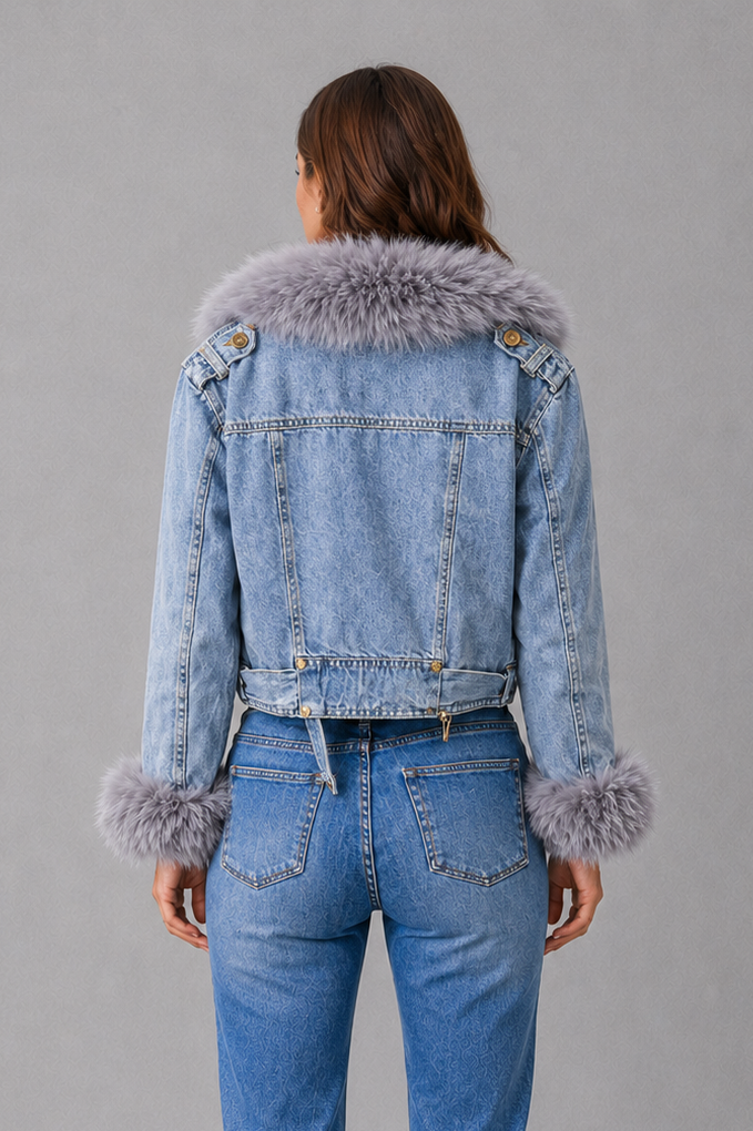 Women’s faux fur zip jacket with plush detailing, a soft collared neckline and sleek front zip fastening for elegant winter styling.