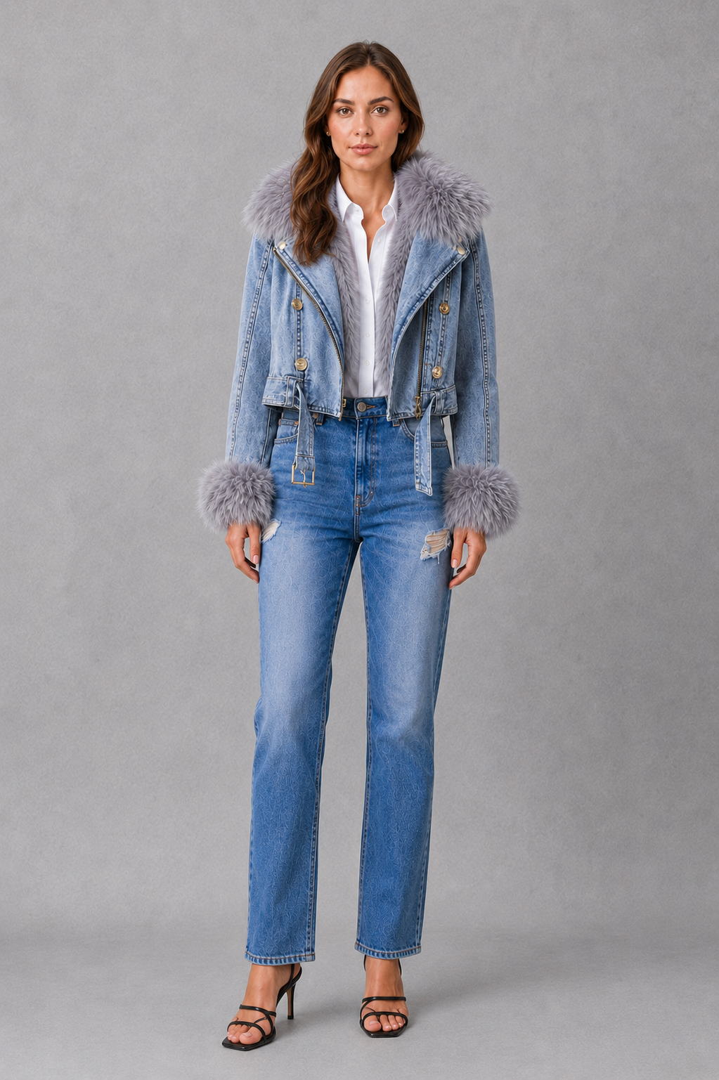 Women’s faux fur zip jacket with plush detailing, a soft collared neckline and sleek front zip fastening for elegant winter styling.