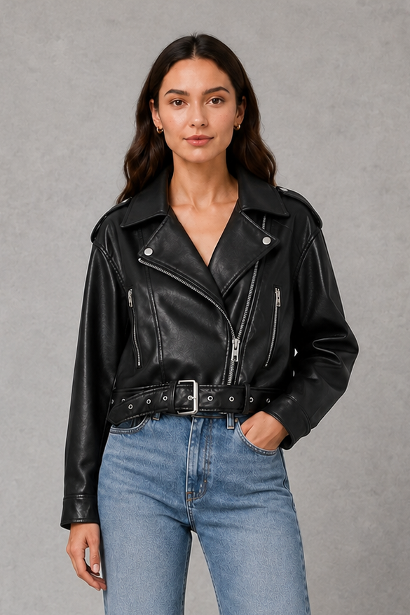 Women’s faux leather biker jacket with an asymmetric zip front, adjustable belted waist, zipped pockets and a relaxed cropped moto silhouette.