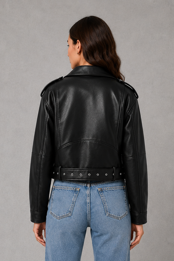 Women’s faux leather biker jacket with an asymmetric zip front, adjustable belted waist, zipped pockets and a relaxed cropped moto silhouette.