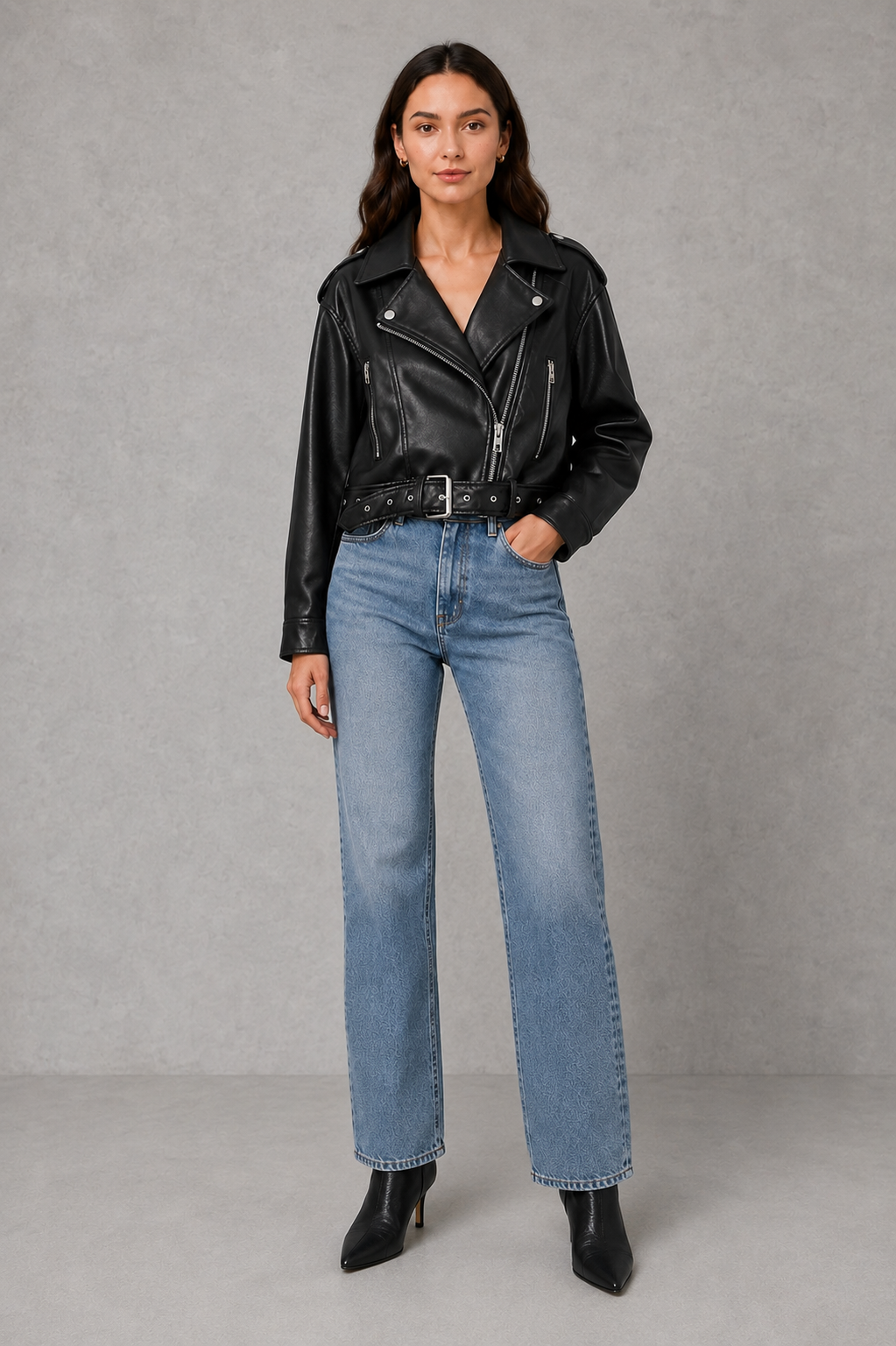 Women’s faux leather biker jacket with an asymmetric zip front, adjustable belted waist, zipped pockets and a relaxed cropped moto silhouette.
