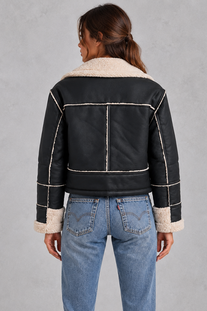 Women’s cropped aviator jacket with an oversized faux shearling collar, plush lining, flap chest pockets and adjustable drawcord hem.