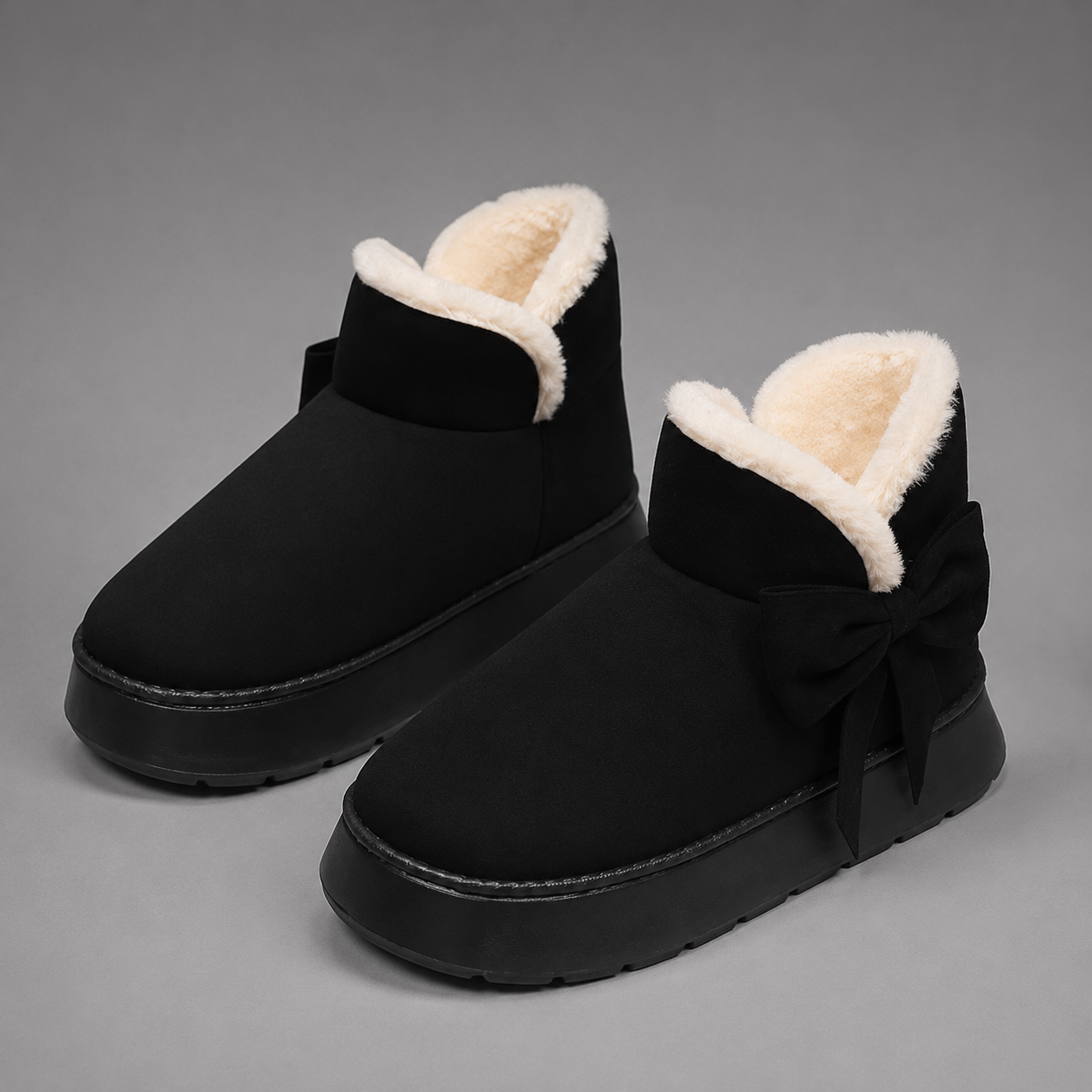 Women's faux suede winter boot slippers with plush fleece lining, side bow detail, cushioned platform sole and non-slip outsole, designed for warm, comfortable indoor wear and light outdoor use during autumn and winter.