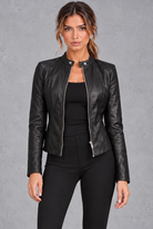 Women's fitted biker jacket in Black – front view