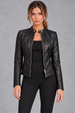 Women's fitted biker jacket in Black – front view