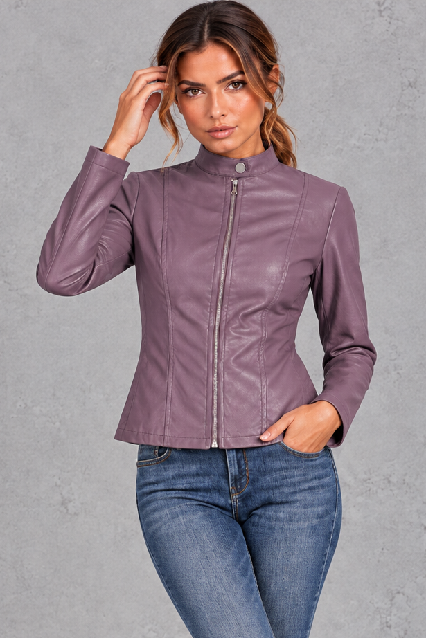 Women's fitted biker jacket in Purple – front view
