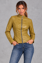 Women's fitted biker jacket in Mustard – front view