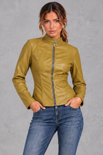 Women's fitted biker jacket in Mustard – front view
