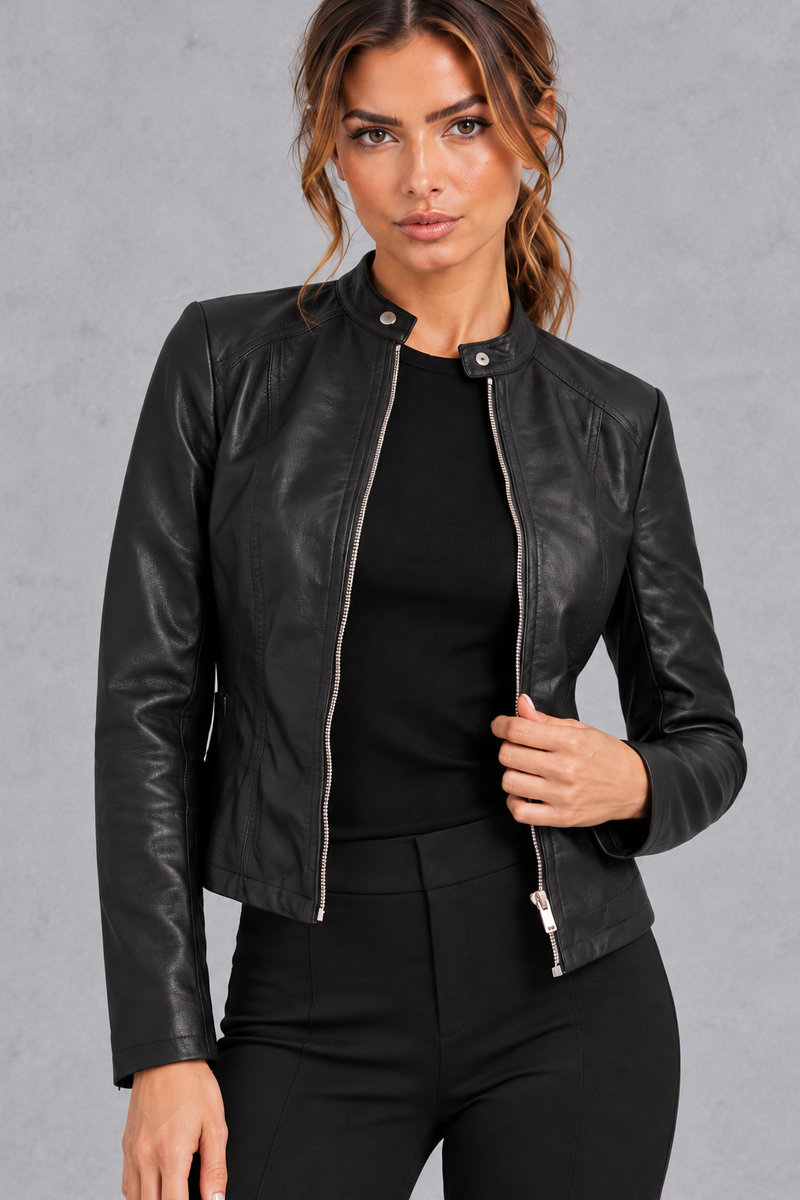 Women's fitted biker jacket in Black – close-up view