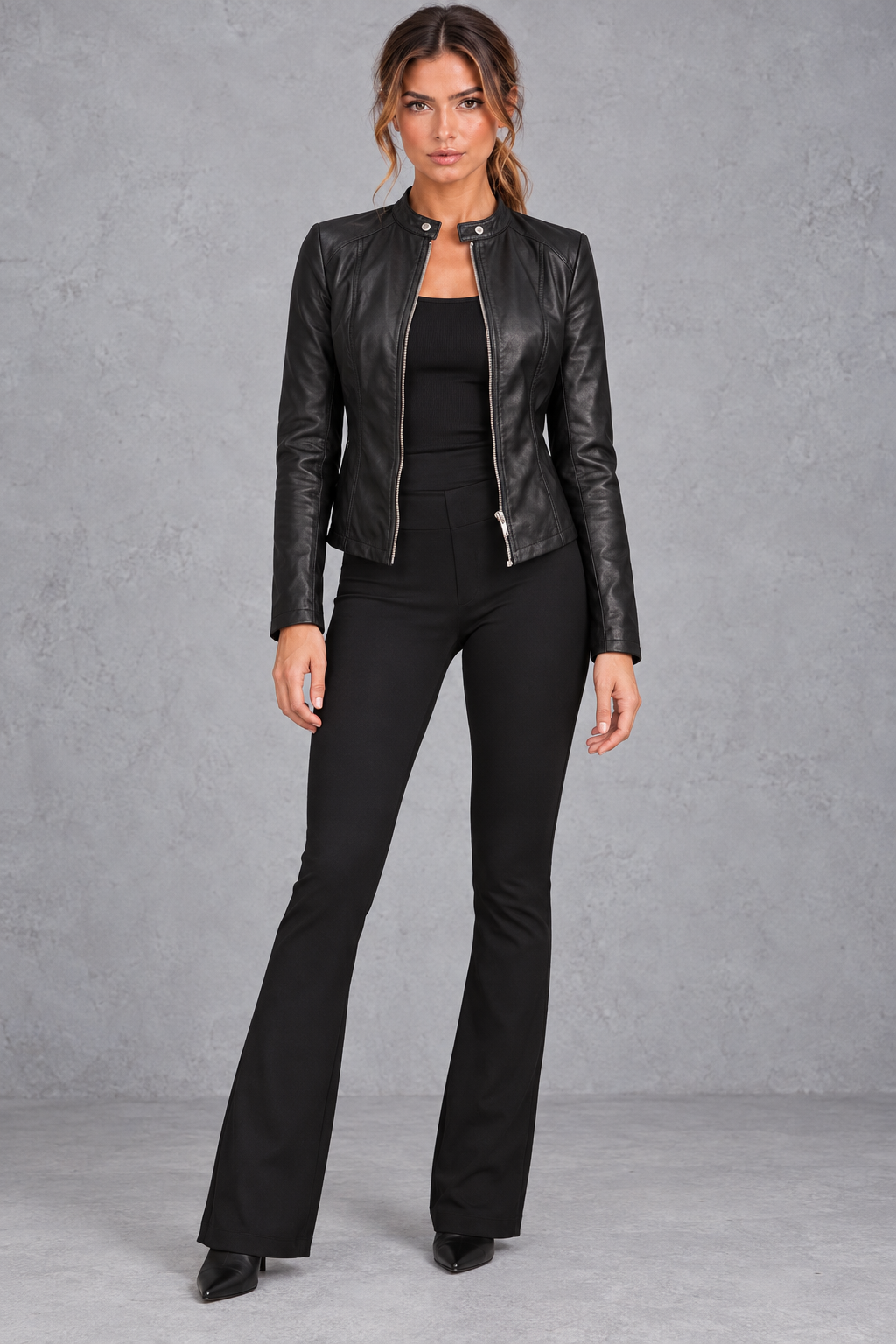 Women's fitted biker jacket in Black – full-length view