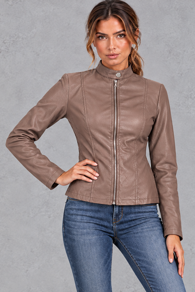Women's fitted biker jacket in Taupe – front view