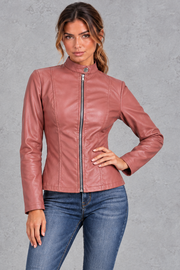 Women's fitted biker jacket in Rose – front view
