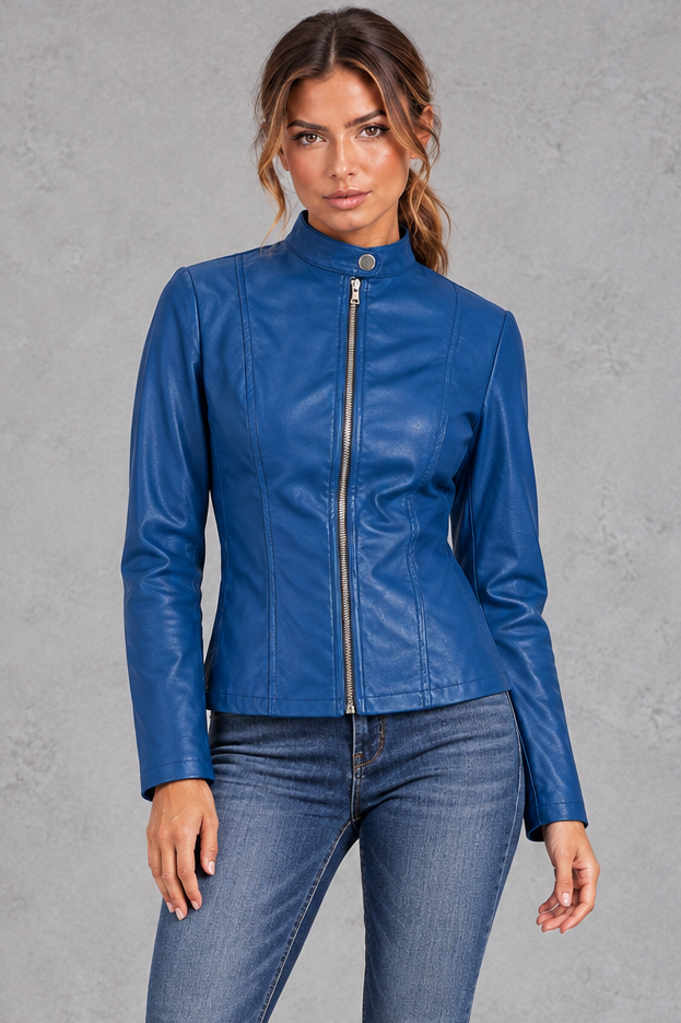 Women's fitted biker jacket in Royal Blue – front view