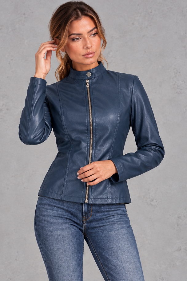 Women's fitted biker jacket in Navy – front view
