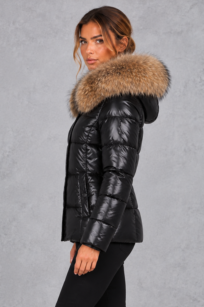 Women's fitted puffer jacket with faux fur hood in Black – side view