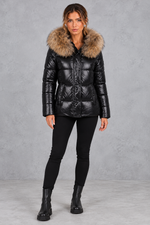Women's fitted puffer jacket with faux fur hood in Black – full-length view