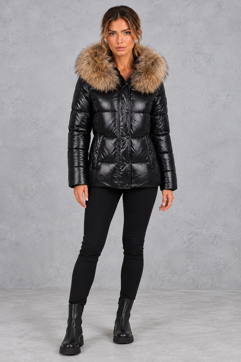 Women's fitted puffer jacket with faux fur hood in Black – full-length view