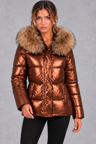 Women's fitted puffer jacket with faux fur hood in Brown – front view