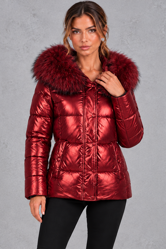 Women's fitted puffer jacket with faux fur hood in Red – front view