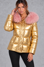 Women's fitted puffer jacket with faux fur hood in Gold – front view