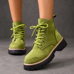Women’s Fleece-Lined Lace-Up Ankle Boots – Chunky Sole Winter Shoes – Light Green – on-foot front view