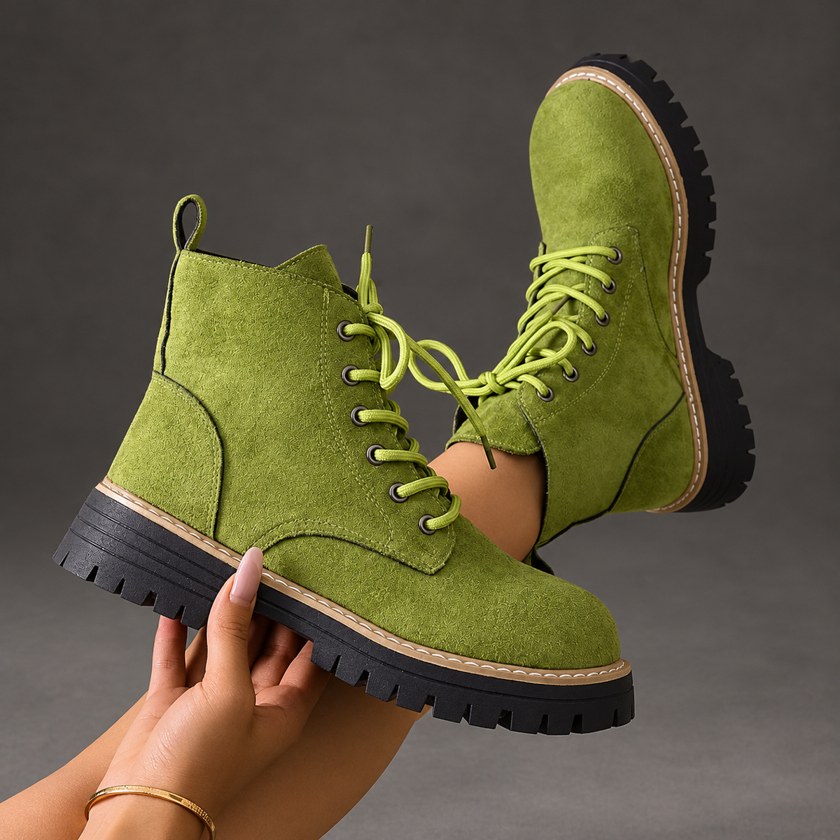 Women’s Fleece-Lined Lace-Up Ankle Boots – Chunky Sole Winter Shoes – Light Green – side detail view