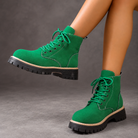 Women’s Fleece-Lined Lace-Up Ankle Boots – Chunky Sole Winter Shoes – Green – on-foot view