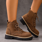 Women’s Fleece-Lined Lace-Up Ankle Boots – Chunky Sole Winter Shoes – Brown – on-foot view