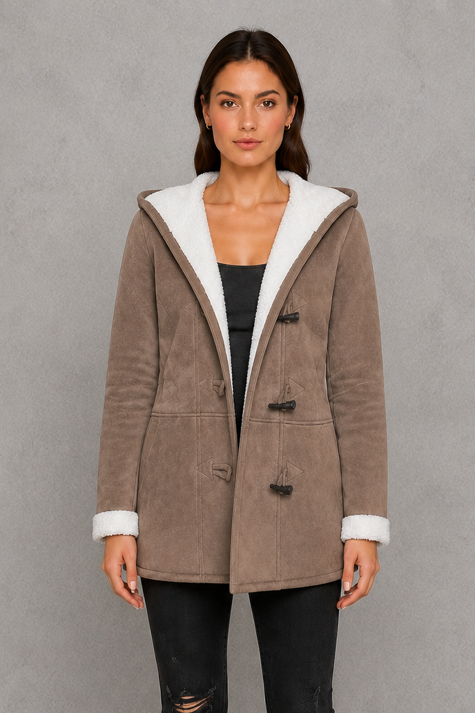 Women’s fleece-lined toggle coat with hood, designed for warm and cosy autumn and winter wear.