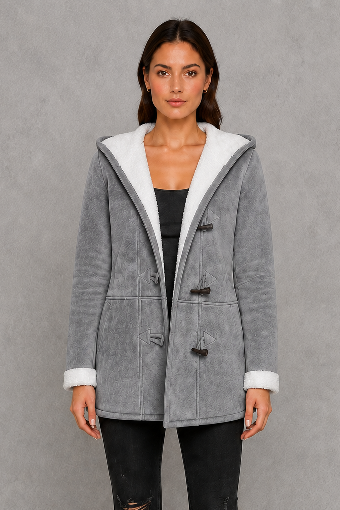 Women’s fleece-lined toggle coat with hood, designed for warm and cosy autumn and winter wear.