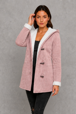 Women’s fleece-lined toggle coat with hood, designed for warm and cosy autumn and winter wear.