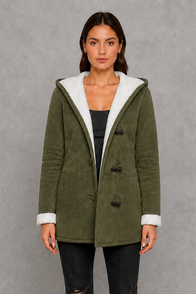 Women’s fleece-lined toggle coat with hood, designed for warm and cosy autumn and winter wear.