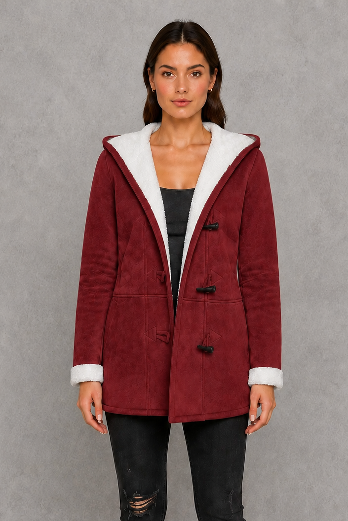 Women’s fleece-lined toggle coat with hood, designed for warm and cosy autumn and winter wear.
