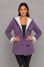 Women’s fleece-lined toggle coat with hood, designed for warm and cosy autumn and winter wear.