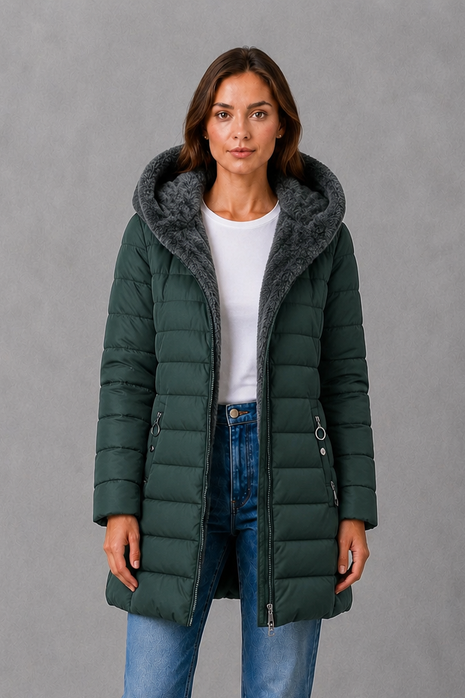 Women’s fleece lined puffer coat with lightweight quilting, a water-resistant outer shell, tailored waist and elegant A-line silhouette.