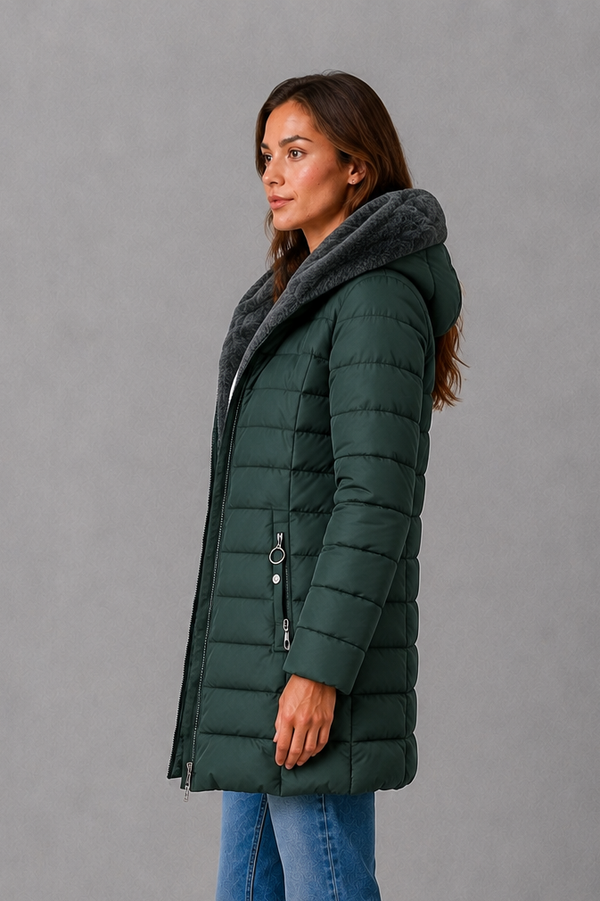Women’s fleece lined puffer coat with lightweight quilting, a water-resistant outer shell, tailored waist and elegant A-line silhouette.